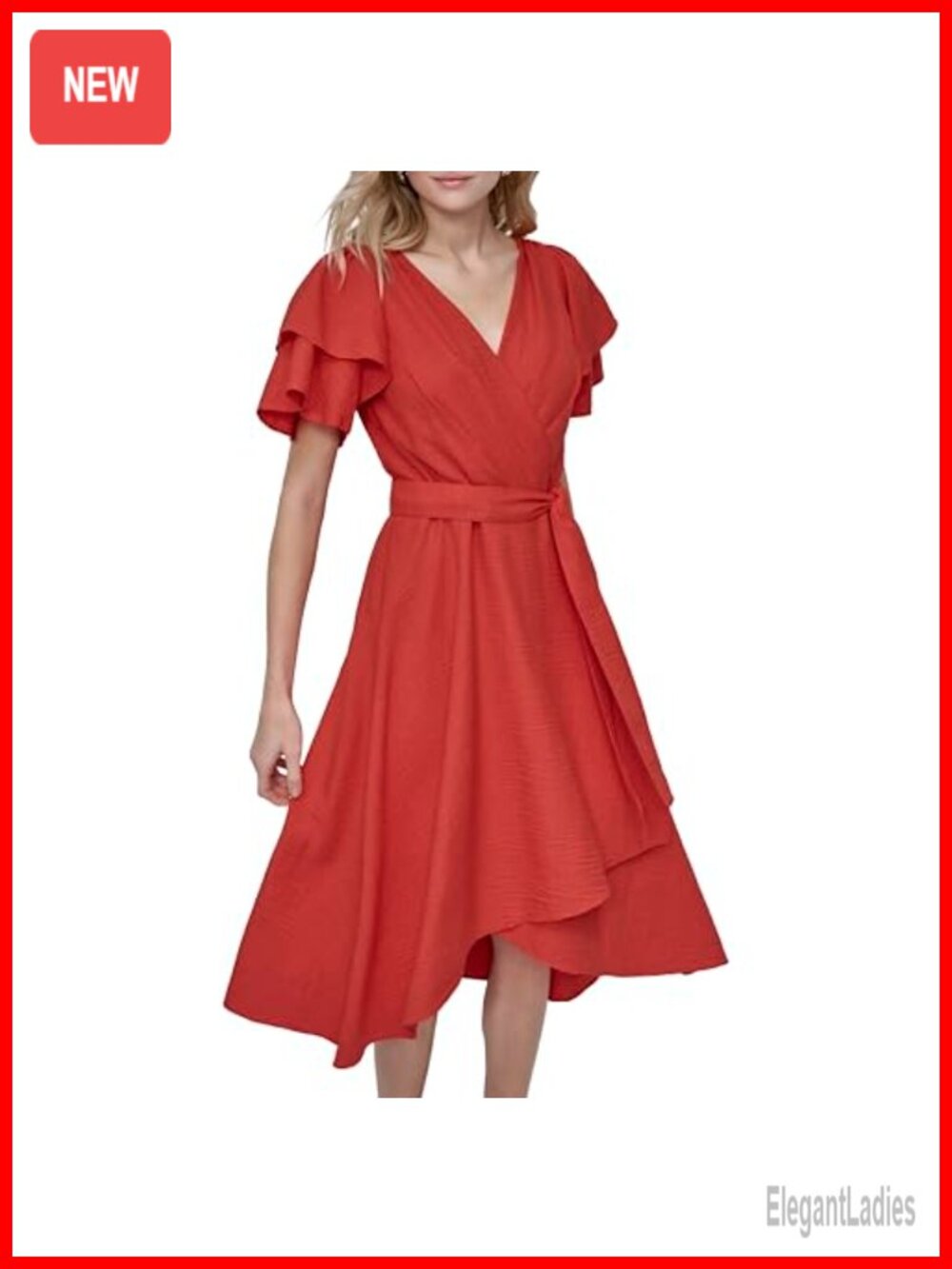 Double Ruffle Sleeve Faux Wrap Midi Dress Asymmetrical Hem